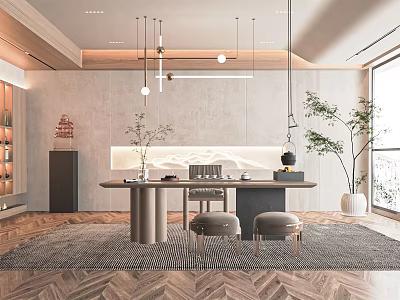 Elegant Modern Tea Room Interior With Hanging Lights Tea Table Stools And Mountain Decor 3d model