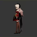 Game Movie Character With Pink Long Hair Black Horns Red Black Dress Black Wings And Golden Object