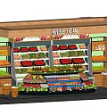 Modern Fruit Store Interior With Fresh Fruits On Shelves Round Display And Beverages