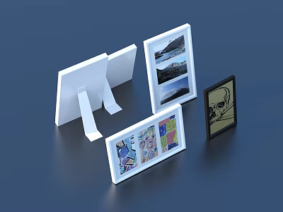 White And Black Photo Frames With Stand Design Displaying Scenery Photos Colorful Artworks And Drawings 3d model