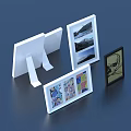 White And Black Photo Frames With Stand Design Displaying Scenery Photos Colorful Artworks And Drawings