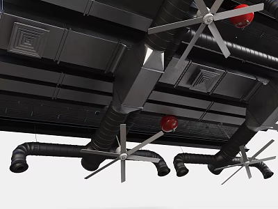 Industrial Style Suspended Ceiling With Black Pipes Metal Fans And Red Spherical Lights 3d model