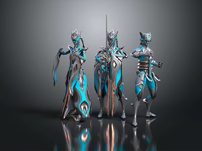 Three Humanoid Creatures in Turquoise and Silver Armor Posing Together with Futuristic Designs 3d model