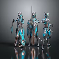 Three Humanoid Creatures in Turquoise and Silver Armor Posing Together with Futuristic Designs