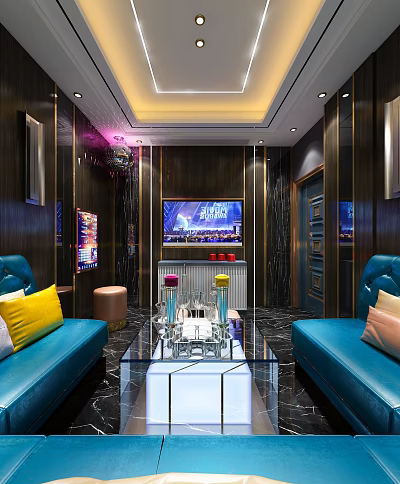 Modern KTV Room Interior Design With Blue Sofas Large Screen TV And Glasses 3d model