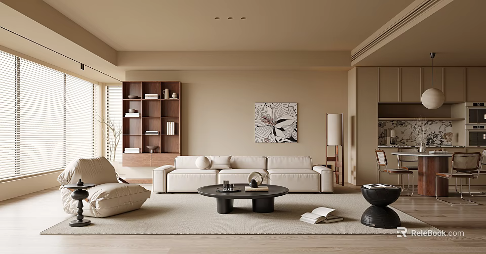 Modern Open Plan Living Dining Area With Sofa Bookshelf Art 3d model