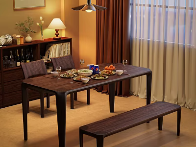 Modern Wooden Dining Table Set With Chairs Bench And Food In Dining Room 3d model
