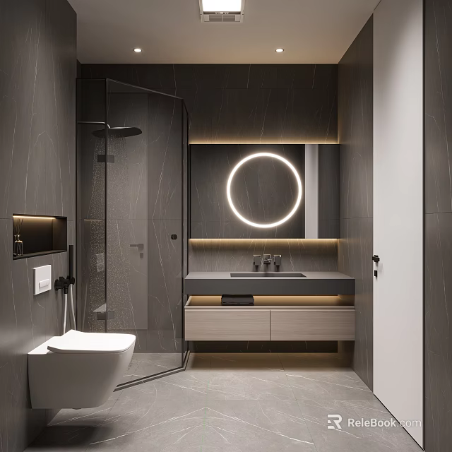 Sleek Modern Bathroom With Glass Shower Illuminated Circular Mirror And Vanity 3d model 