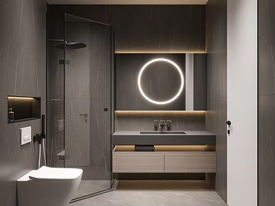 Sleek Modern Bathroom With Glass Shower Illuminated Circular Mirror And Vanity 3d model