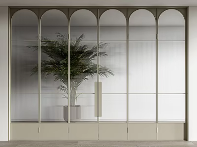Minimalist Modern Interior With Arched Glass Sliding Door Large Green Plant And Light Wooden Floor 3d model