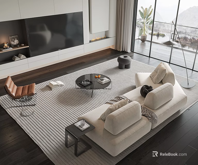 Modern Living Room Sofa Coffee Table Set With Striped Rug Large Windows Indoor Plant Decor 3d model 