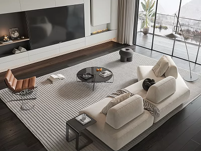Modern Living Room Sofa Coffee Table Set With Striped Rug Large Windows Indoor Plant Decor 3d model