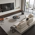 Modern Living Room Sofa Coffee Table Set With Striped Rug Large Windows Indoor Plant Decor