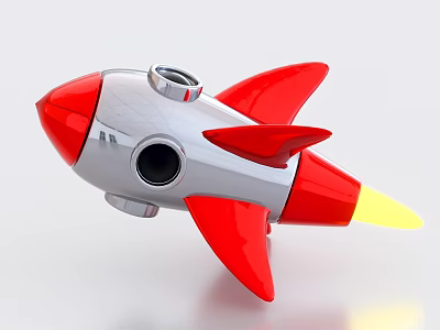 Playful Silver Red Toy Rocket Featuring Red Wings And Yellow Jet Tail 3d model