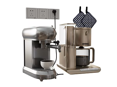 Stylish Kitchen Appliances With Coffee Machine Blender And Checkered Pot Holders 3d model