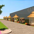 Rustic Farm Display With Thatched Roof Building Corn Baskets And Pumpkins By PAM Wall