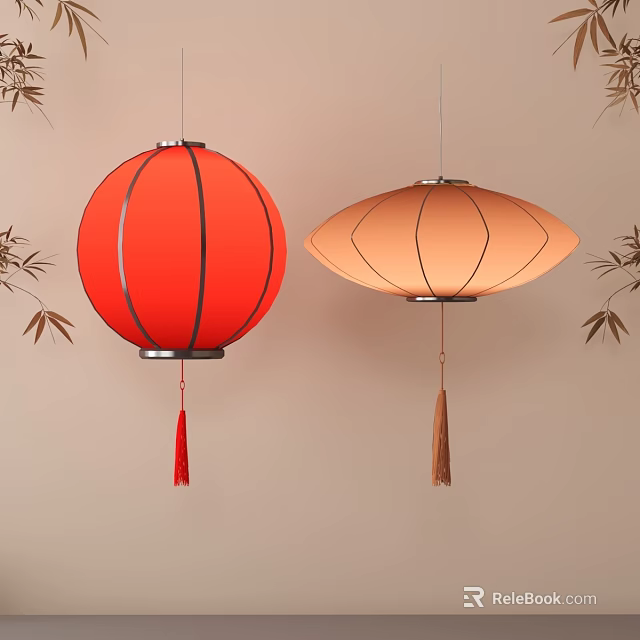 Red Round and Light Orange Oval Hanging Decorative Lanterns with Bamboo Leaves 3d model 