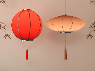 Red Round and Light Orange Oval Hanging Decorative Lanterns with Bamboo Leaves 3d model
