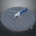 White And Blue Helicopter Parked On Circular Helipad With Steps 3d model