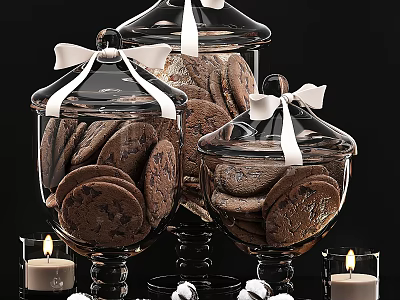 Elegant Tableware Set With Glass Jars Cookies White Ribbons And Candles 3d model