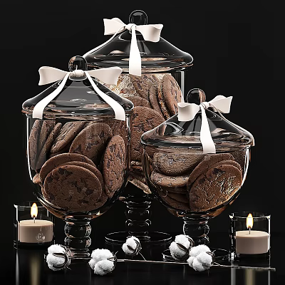 Elegant Tableware Set With Glass Jars Cookies White Ribbons And Candles 3d model