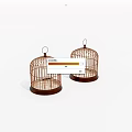 Two Decorative Wooden Birdcages With Metal Hooks And Dark Round Bases