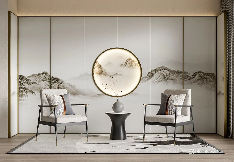 Chinese Style Casual Sofa Set With Landscape Background Wall Round Decorative Painting And Two Armchairs 3d model 