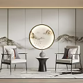 Chinese Style Casual Sofa Set With Landscape Background Wall Round Decorative Painting And Two Armchairs