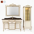 Ornate Classical Bathroom Vanity With Gold Accents Marble Top Mirror And Glass Cabinet