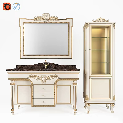Ornate Classical Bathroom Vanity With Gold Accents Marble Top Mirror And Glass Cabinet 3d model