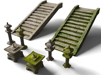 Stone Wood Steps And Moss Covered Lanterns For Outdoor Traditional Garden 3d model
