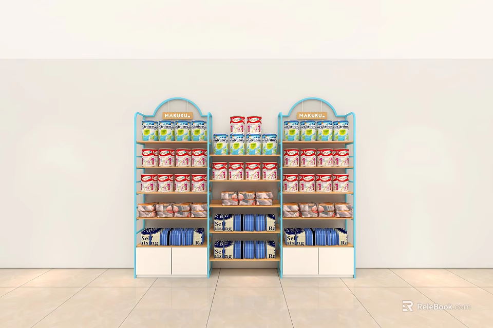 Blue And White Retail Display Shelves With Multiple Layers For Various Products 3d model