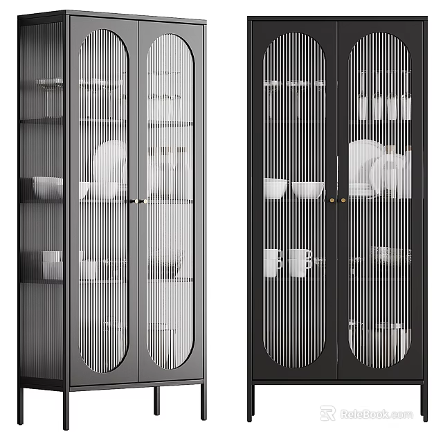 Modern Display Cabinets With Glass Doors Vertical Stripes And Black Frame Storing Tableware 3d model
