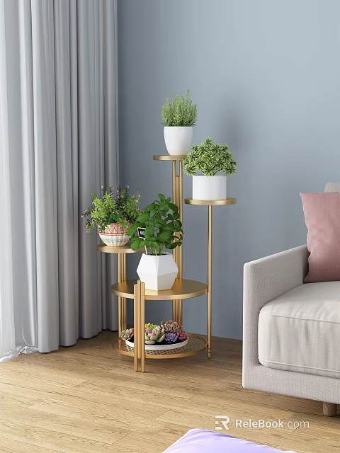 Multi Tiered Golden Plant Stand With Potted Greenery And White Planters In Living Room 3d model 