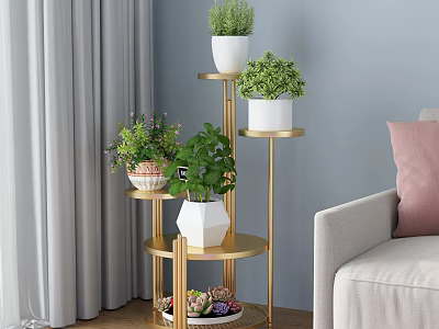 Multi Tiered Golden Plant Stand With Potted Greenery And White Planters In Living Room 3d model