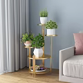 Multi Tiered Golden Plant Stand With Potted Greenery And White Planters In Living Room