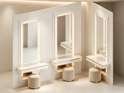 Modern White Vanity With Mirrors Lighting And Round Stools For Bedroom 3d model
