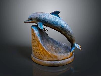 Detailed Leaping Dolphin Sculpture With Wave Textured Base And Metallic Finish 3d model
