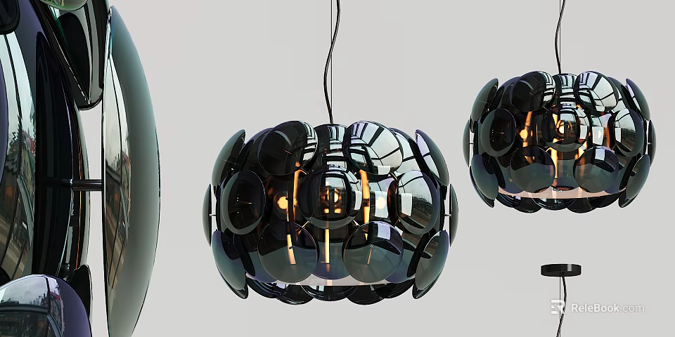 Modern Black Glossy Pendant Light with Spherical Multi Panel Metallic Reflective Surface and Warm Illumination 3d model 