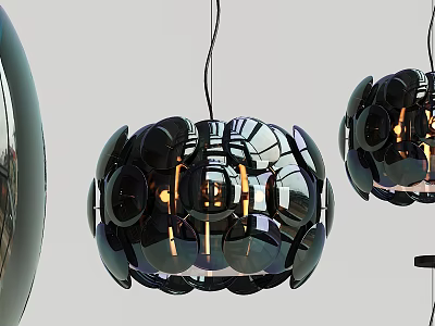 Modern Black Glossy Pendant Light with Spherical Multi Panel Metallic Reflective Surface and Warm Illumination 3d model
