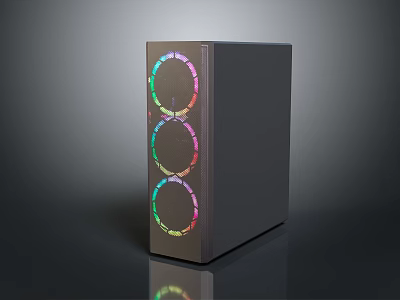 Sleek Modern Black Computer Case With Side Panel Featuring Three RGB Circular Fans And Colorful Lighting 3d model