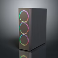 Sleek Modern Black Computer Case With Side Panel Featuring Three RGB Circular Fans And Colorful Lighting
