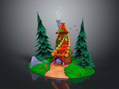 Charming Forest Cabin With Red Roof Log Decor Smoking Chimney And Two Tall Pine Trees 3d model