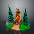 Charming Forest Cabin With Red Roof Log Decor Smoking Chimney And Two Tall Pine Trees