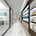 Modern Display Space With Shelves Products Certificates Staircase And Green Plant