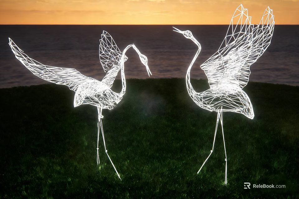 Illuminated Wire Crane Landscape Sculptures With Open Wings By Coastal Sunset Grassy Area 3d model 