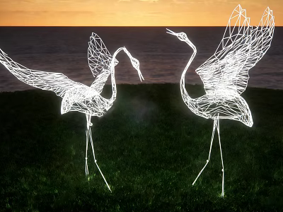 Illuminated Wire Crane Landscape Sculptures With Open Wings By Coastal Sunset Grassy Area 3d model