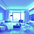 Modern Living Dining Room Interior With Sofa Coffee Table TV Wall And Fireplace