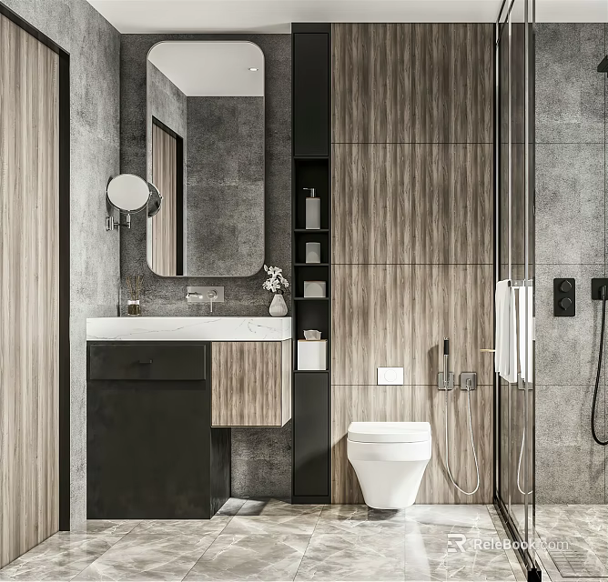 Modern Bathroom Interior Design With Wooden Walls Gray Tiles Vanity Mirror And White Toilet 3d model 