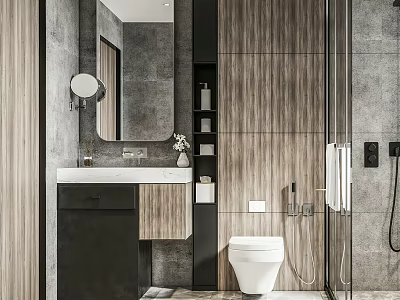 Modern Bathroom Interior Design With Wooden Walls Gray Tiles Vanity Mirror And White Toilet 3d model